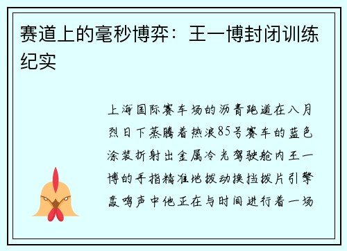 赛道上的毫秒博弈：王一博封闭训练纪实