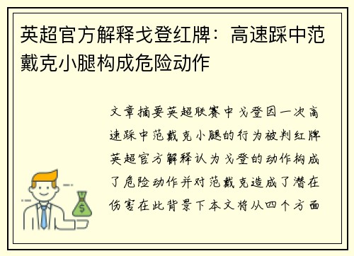 英超官方解释戈登红牌：高速踩中范戴克小腿构成危险动作